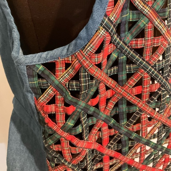 Casey & Max Vintage Vest Denim & Plaid Christmas School Large Blue Red Green - Picture 4 of 11